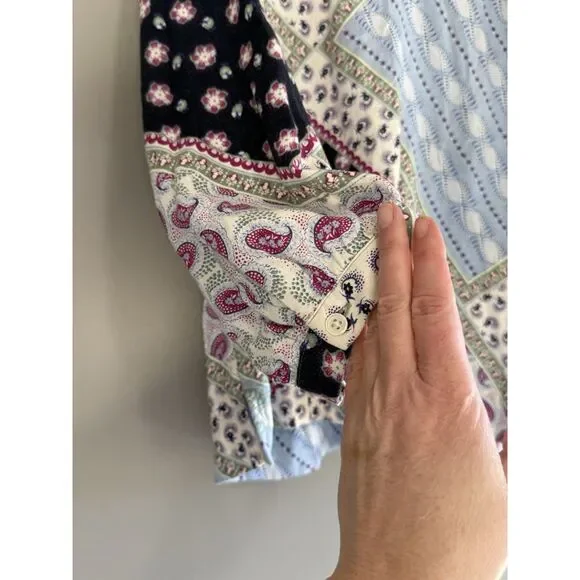 Loft Linen Blend Patchwork Blouse Top Balloon Sleeve Peasant Floral Paisley Med - Picture 6 of 16